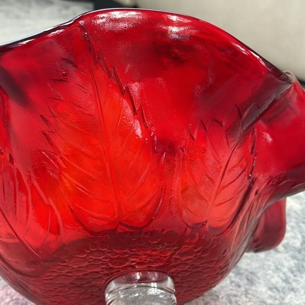 Red Leaf Imprint Ruffled Footed Glass Candy Dish Stand Clear